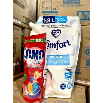 Nước xả vải COMFORT hương thơm phấn dịu nhẹ lành tính cho áo quần bé yêu túi 1.8L tặng gói nước giặt OMO