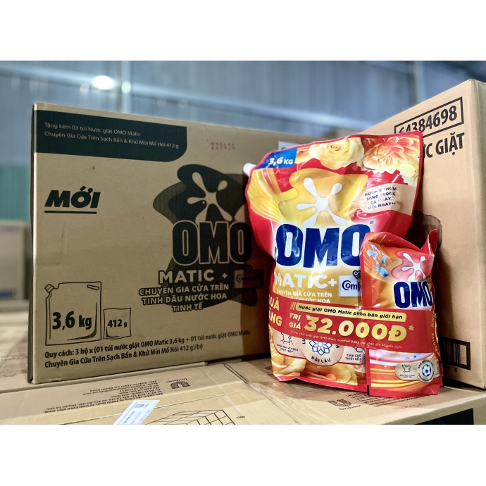 Nước giặt OMO Matic chuyên gia cửa trên tinh dầu nước hoa tinh tế 3.6kg tặng kèm túi nước giặt 412g